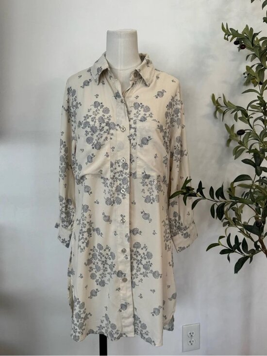arko Dresses & Skirts - ARKO Size S Ivory Blue Floral Button Front Shirt Dress Boho Rayon Tunic